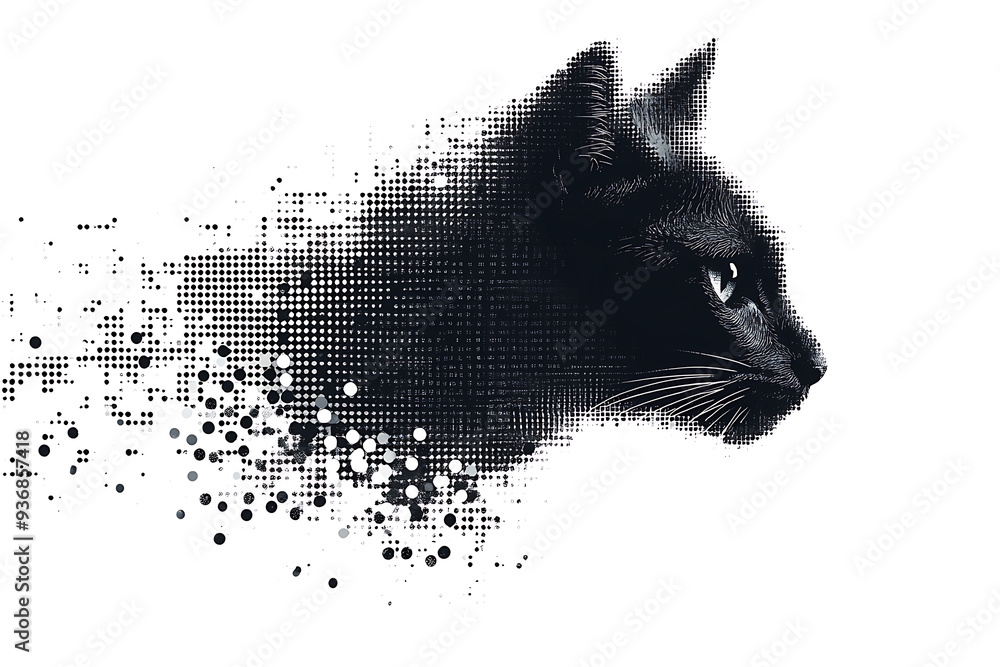 Poster a digital illustration of a cat silhouette, featuring a binary code pattern against a white backgrou