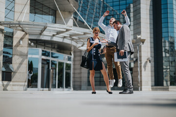 A joyful business team celebrating success outside a modern office building, representing teamwork, achievement, and professional excitement on a sunny day in the city.