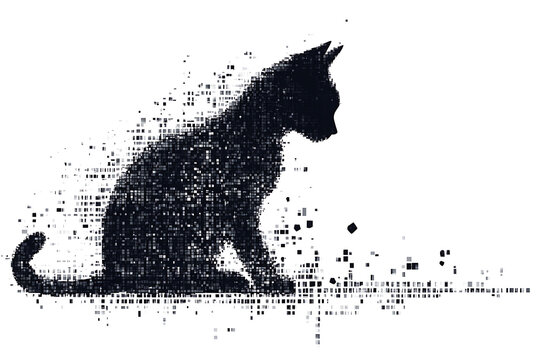 A digital illustration of a cat silhouette, featuring a binary code pattern against a white background, merging feline form with technology.
