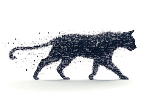 A digital illustration of a cat silhouette, featuring a binary code pattern against a white background, merging feline form with technology.
