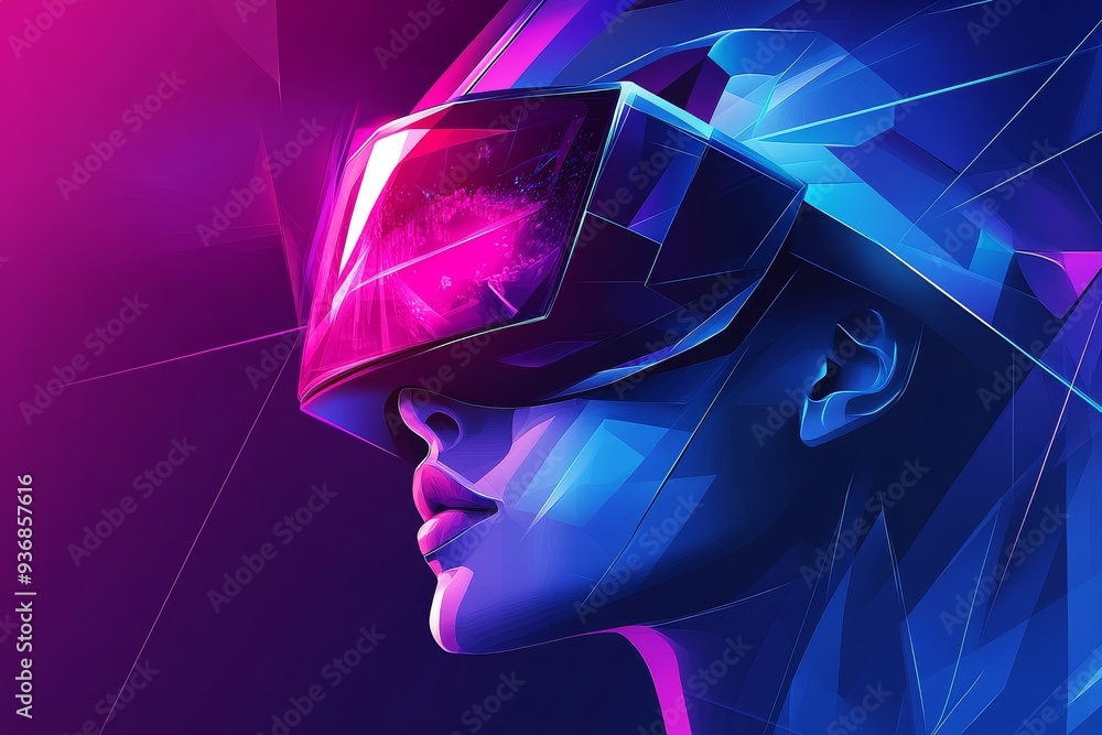 Poster a dynamic and vibrant cyber themed portrait of a person in a vr headset with futuristic elements and
