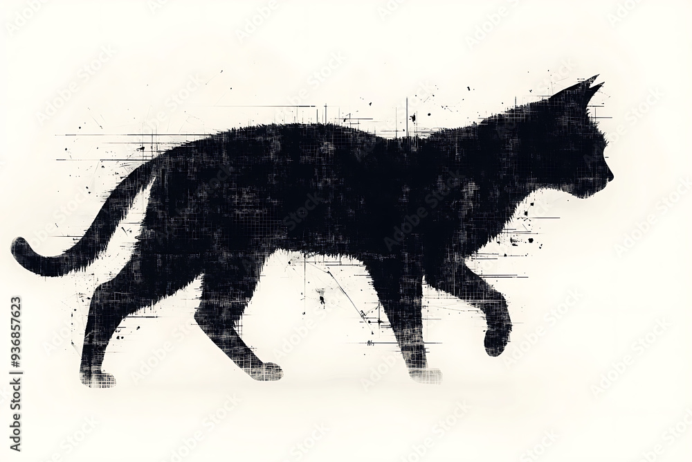 Sticker a digital illustration of a cat silhouette, featuring a binary code pattern against a white backgrou