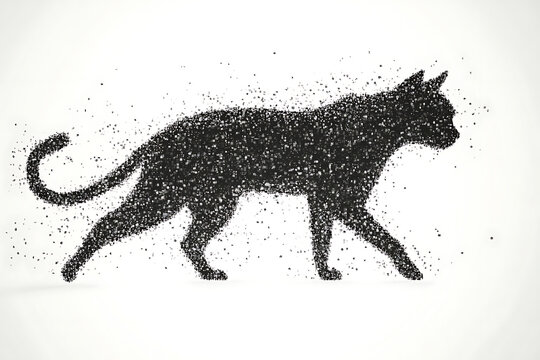 A digital illustration of a cat silhouette, featuring a binary code pattern against a white background, merging feline form with technology.
