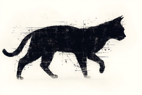 A digital illustration of a cat silhouette, featuring a binary code pattern against a white background, merging feline form with technology.
