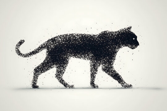 A digital illustration of a cat silhouette, featuring a binary code pattern against a white background, merging feline form with technology.
