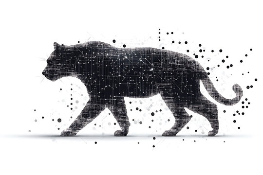 A digital illustration of a cat silhouette, featuring a binary code pattern against a white background, merging feline form with technology.
