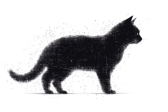 A digital illustration of a cat silhouette, featuring a binary code pattern against a white background, merging feline form with technology.
