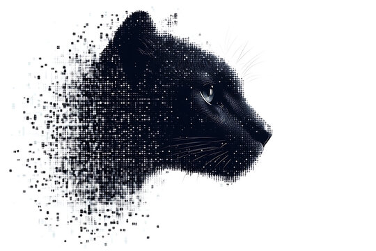 A digital illustration of a cat silhouette, featuring a binary code pattern against a white background, merging feline form with technology.
