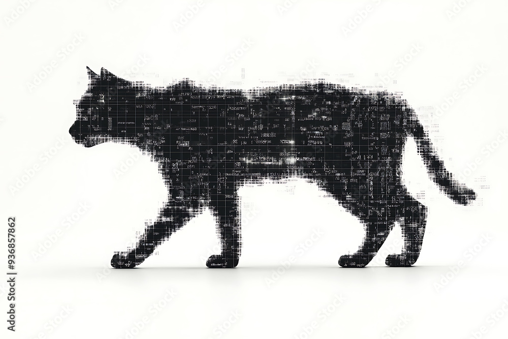 Poster a digital illustration of a cat silhouette, featuring a binary code pattern against a white backgrou