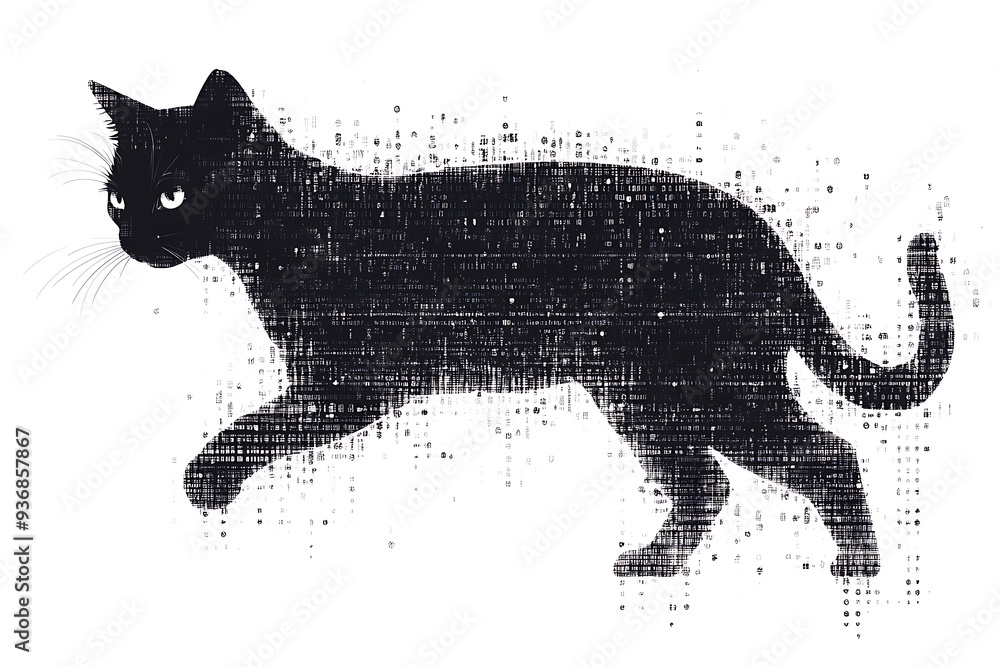 Poster a digital illustration of a cat silhouette, featuring a binary code pattern against a white backgrou