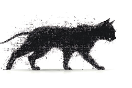 A digital illustration of a cat silhouette, featuring a binary code pattern against a white background, merging feline form with technology.
