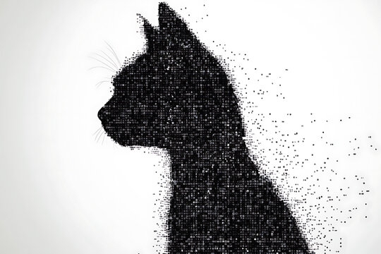 A digital illustration of a cat silhouette, featuring a binary code pattern against a white background, merging feline form with technology.
