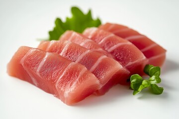 Sashimi , Thinly sliced raw fish or seafood, served without rice but often accompanied by soy sauce, wasabi, and pickled ginger. Isolated on White Background
