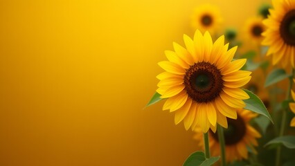 Obraz premium Close-up of a blooming sunflower against a bright yellow background