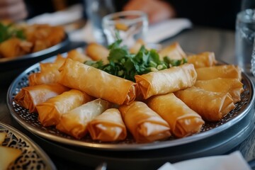 Spring Rolls, Thin pastry rolls filled with vegetables, meat, or seafood, deep-fried until crispy.