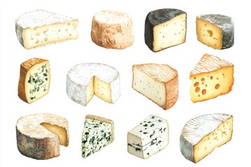 Watercolor Illustration of Various Cheeses Brie Camembert Blue Cheese Cheddar