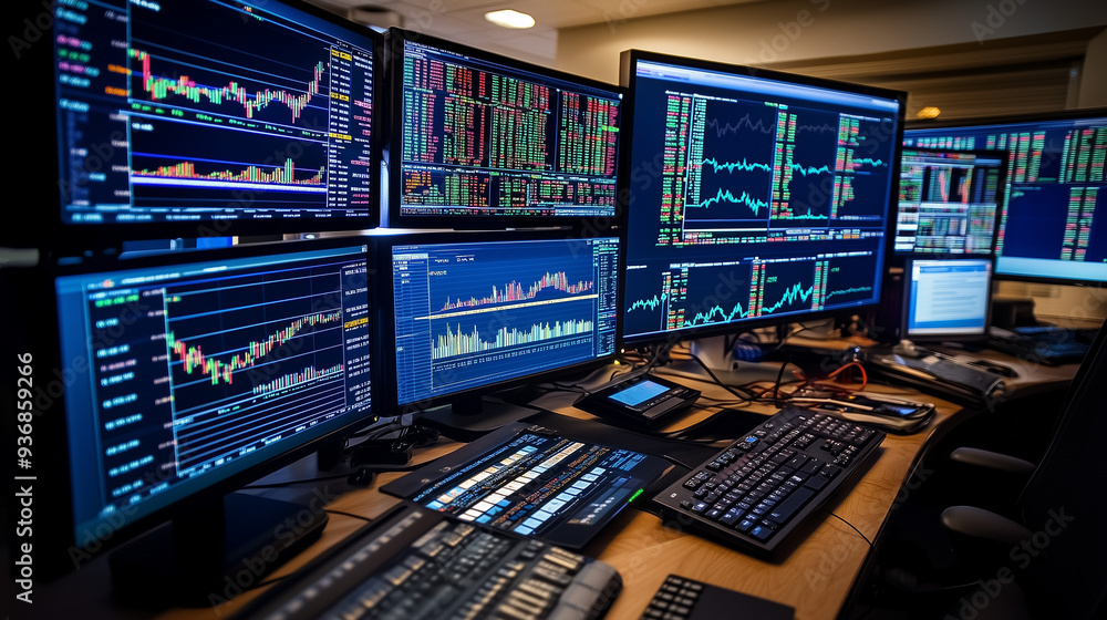 Poster multiple screens display real-time stock market data, graphs, and charts, creating a focused environ
