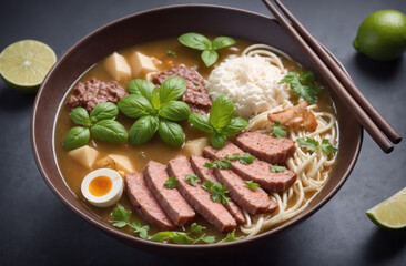 A bowl of ramen with beef, noodles, and a soft-boiled egg