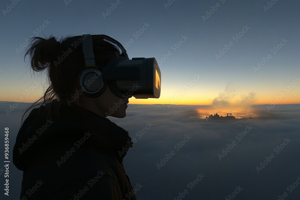 Poster a serene evening scene with a person immersed in a vr experience gazing at a distant horizon capturi