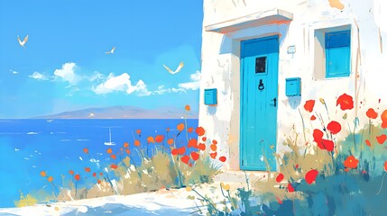 A doorway to the sea, surrounded by red and blue flowers in bright light blue and navy