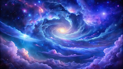 Vibrant purple and blue swirling clouds of gas and dust in a celestial nighttime sky, sprinkled with twinkling stars and shimmering with cosmic energy.