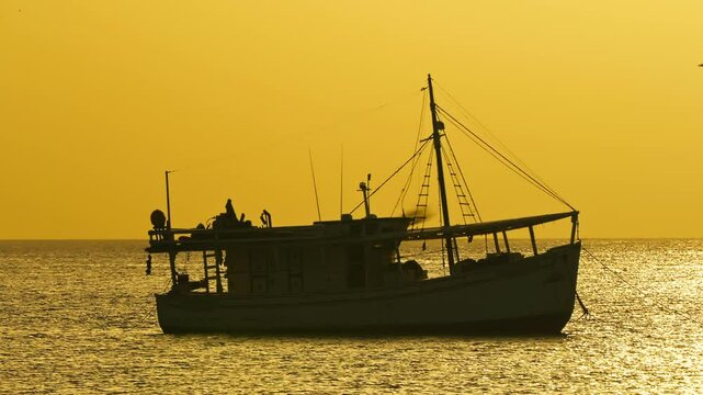 Fishing boats in Juan Griego Bay at sunset. Margarita Island, Nueva Esparta State. Venezuela