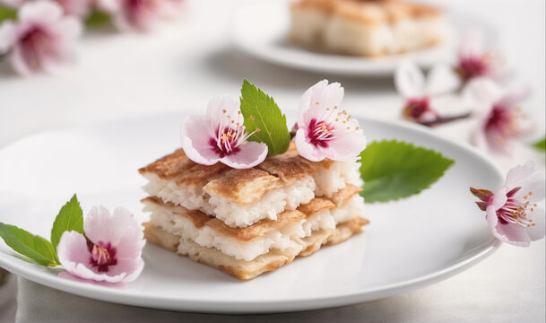 A white plate with a layered dessert topped with almond blossoms, surrounded by more blossoms and a white surface