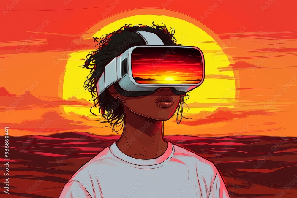 Poster a creative digital illustration of a man in a vr headset blending with abstract vibrant colors symbo