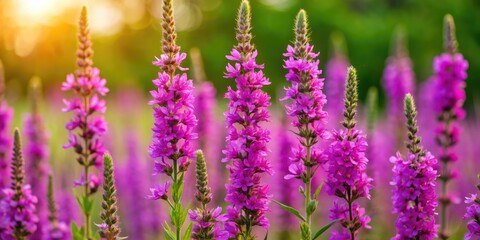 Naklejka premium Vibrant purple flowers of Lythrum salicaria, also known as purple loosestrife, bloom against a soft, blurred summer background, creating a stunning and serene floral landscape.