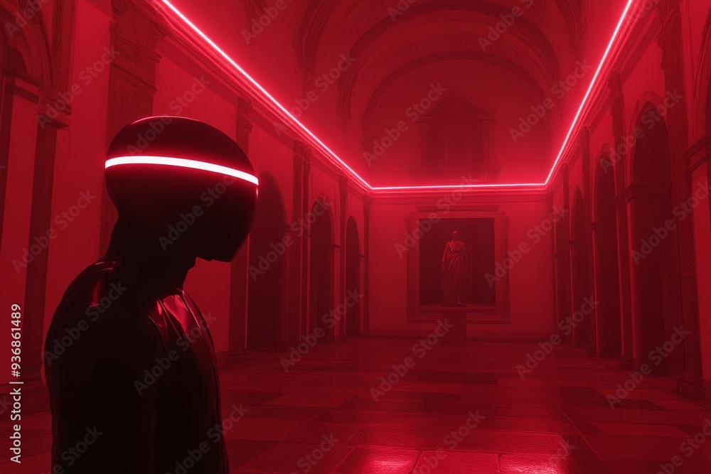 Poster a dramatic and futuristic digital scene featuring a person in a vr headset exploring a neon lit cath