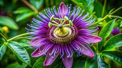 Vibrant purple passiflora flower with intricate tendrils and delicate details, surrounded by lush green foliage, showcasing the exquisite beauty of the passion fruit bloom.