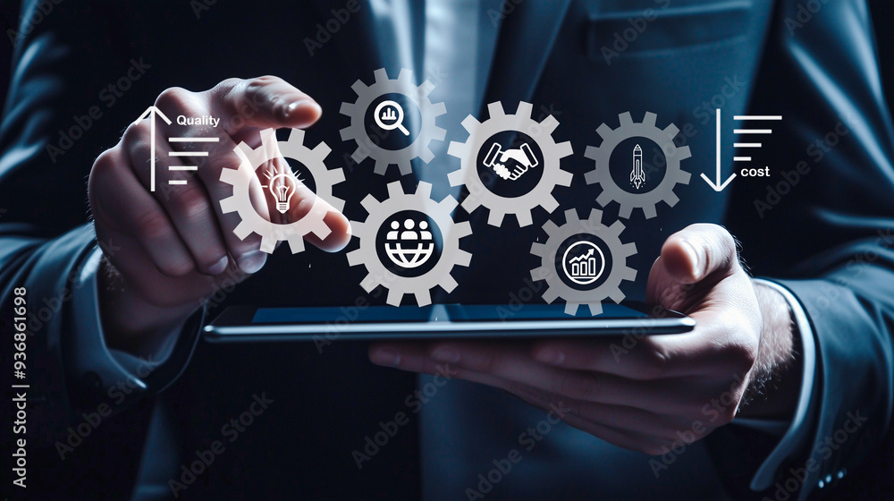 Poster a businessman orchestrates a complex array of gears on a digital tablet, symbolizing the strategic o