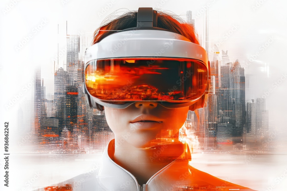 Poster a futuristic and sleek digital portrait of a woman in a high tech vr headset with abstract red and w