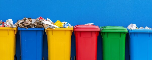 Colorful recycling bins filled with waste against a blue background. Concept of waste management and environmental conservation