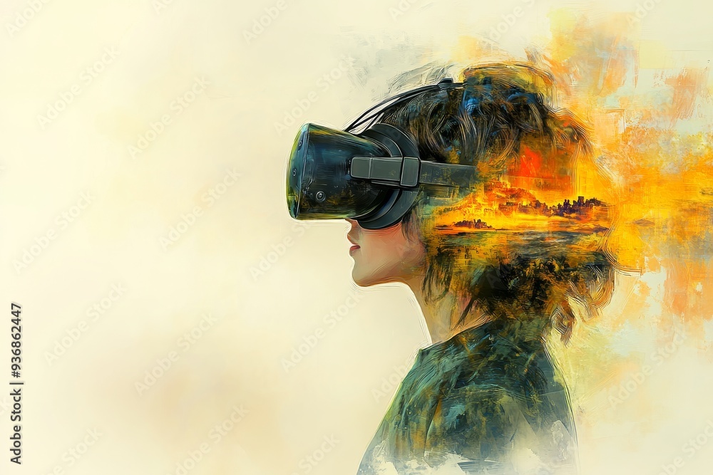 Aufkleber a conceptual digital illustration of a person in a vr headset surrounded by abstract swirls of color