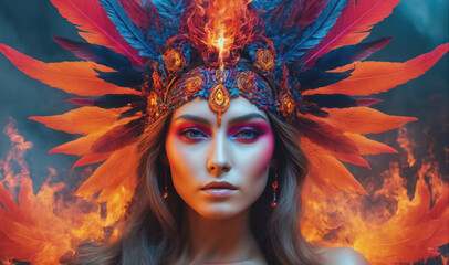 Obraz premium A woman with bright makeup and a large feathered headdress stands in front of a fire