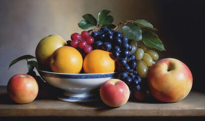 A bowl of fruit sits on a wooden table