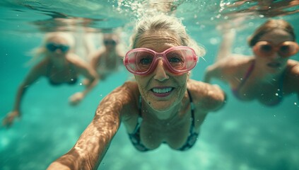 Naklejka premium An elderly woman with vibrant pink goggles smiles underwater, surrounded by friends. A vivid underwater scene capturing the joy of summer leisure and friendship.