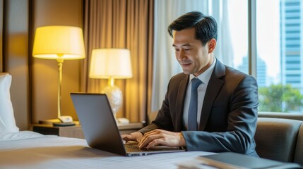 Fototapeta premium A businessman is engaged in work on his laptop while sitting at a hotel room desk during the evening