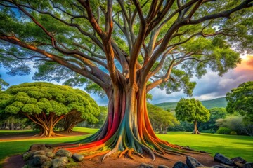 Vibrant rainbow-colored tree trunk wrapped in embracing branches stands tall amidst lush greenery, symbolizing love and harmony in a serene Maui landscape.