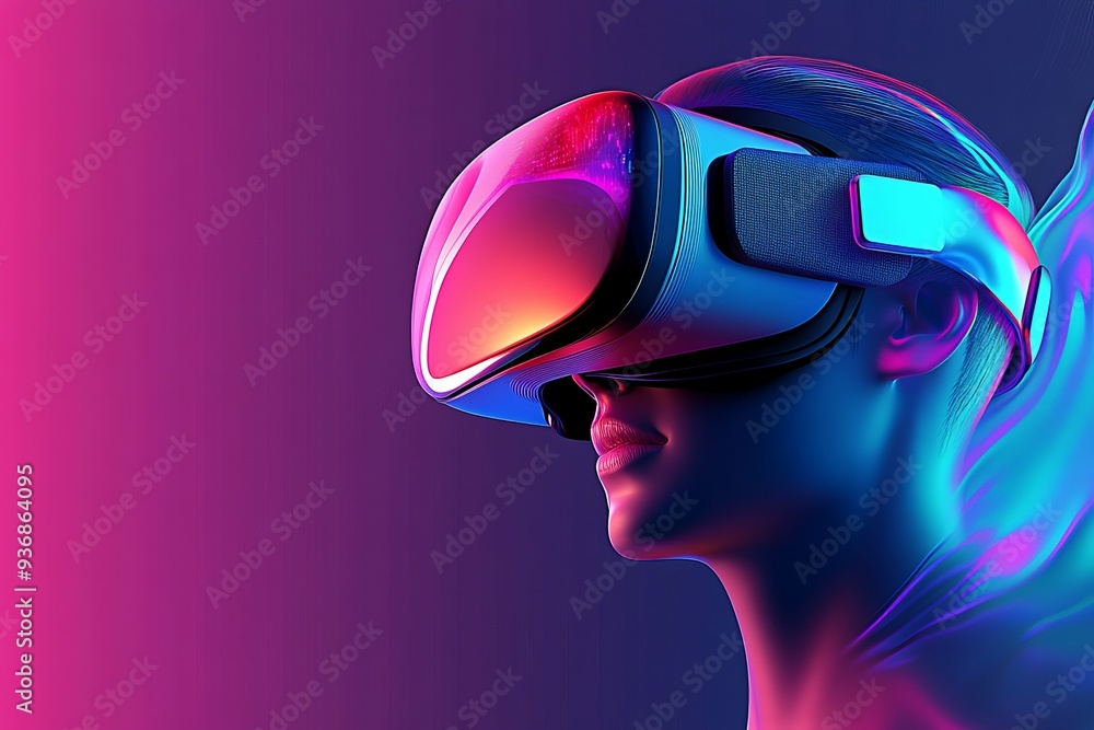 Aufkleber a futuristic and abstract digital portrait of a man in a vr headset with bold colors and dynamic lig