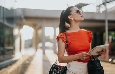 Confident businesswoman wearing a bright outfit holding a notebook while standing outdoors. Cityscape in the background, reflecting a professional and determined demeanor.