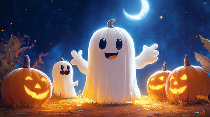 Halloween Ghost pumpkin illustration, spooky orange face on a dark background