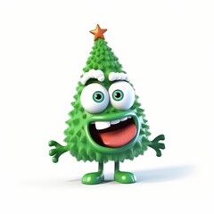 Festive Cartoon Christmas Tree Illustration with Funny Expression and Star Topper