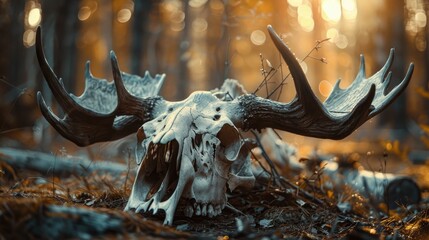 Fototapeta premium Prehistoric Moose Skull Lying on Woodland Ground