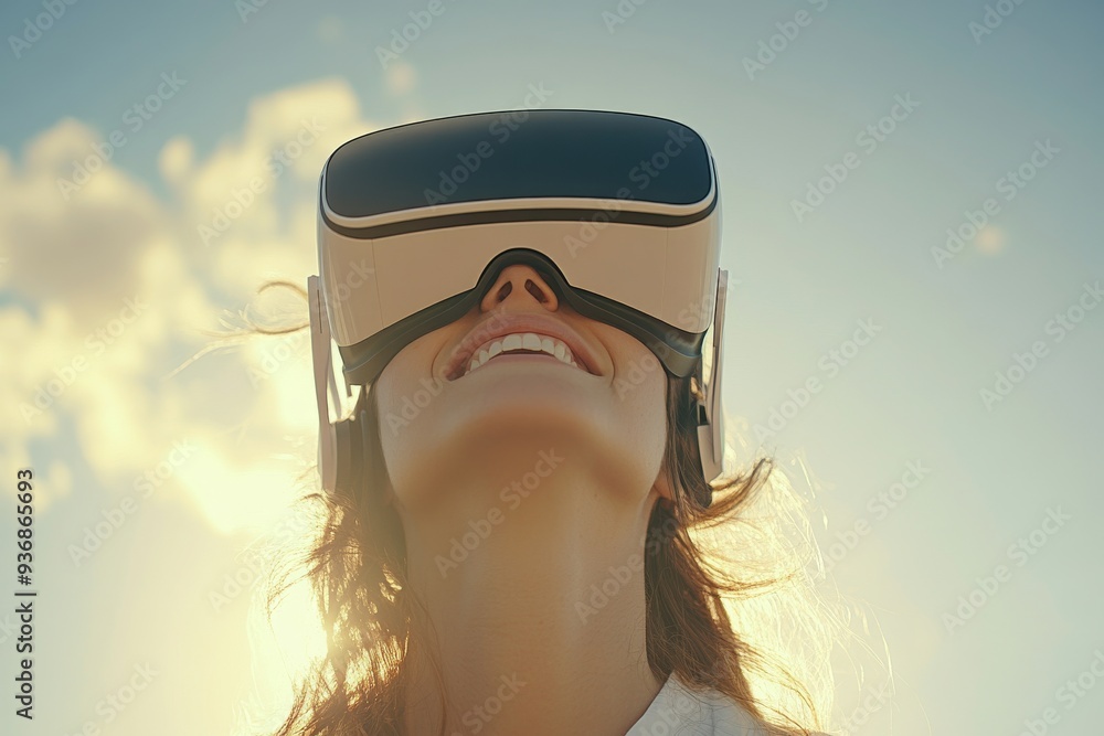 Aufkleber A minimalist and surreal digital illustration of a man in a VR headset submerged in calm water symbolizing the tranquil and otherworldly experience of virtual reality in a serene setting