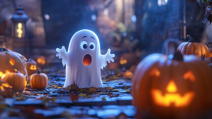 Halloween Ghost pumpkin illustration, spooky orange face on a dark background