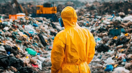 Obraz premium A man wearing a protective suit and mask at a waste recycling facility