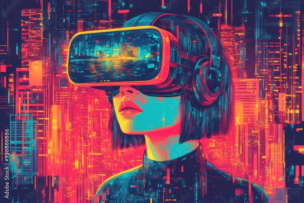 Poster woman engaging with digital worlds through advanced virtual reality headset surrounded by neon light