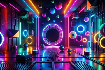 Vibrant neon hues burst forth, punctuated by sleek black accents, injecting a dynamic energy into the overall aesthetic, captivating the senses.